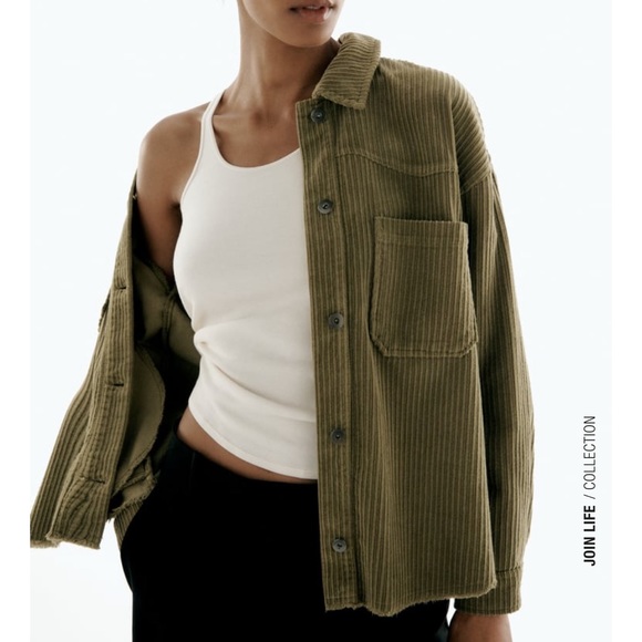 Zara Olive Green Corduroy Button Down Shirt - Picture 4 of 7
